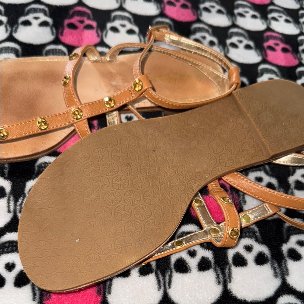 Brown Leather Sandals with Gold Accents - Picture 4 of 5